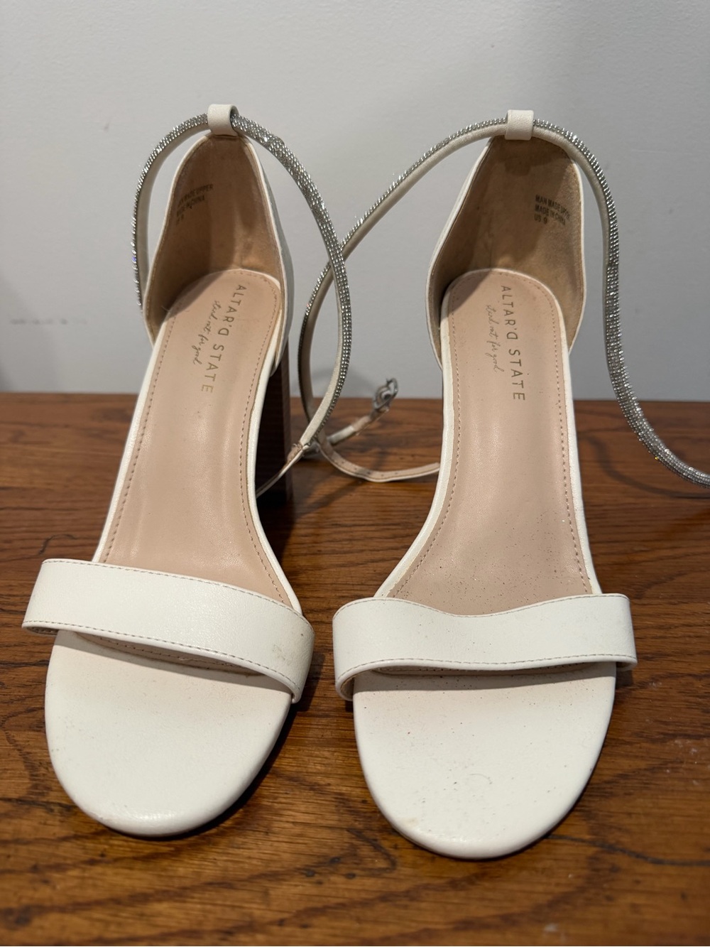 Altar'd State White Block Heel Sandals with Sparkling Ankle Wrap - Size 9